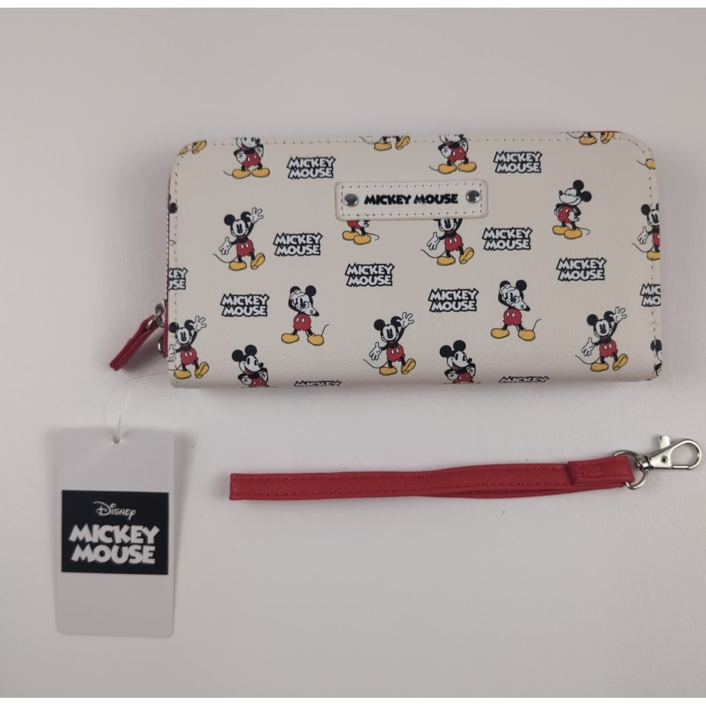NWT Disney Mickey Mouse White Zip Around Wallet Red Wristlet Strap & Interior